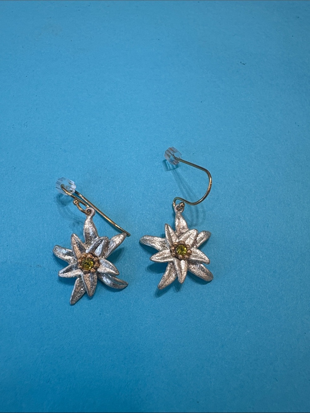 Silver Flower Drop Earrings with  Crystal Center by Micheal Michaud